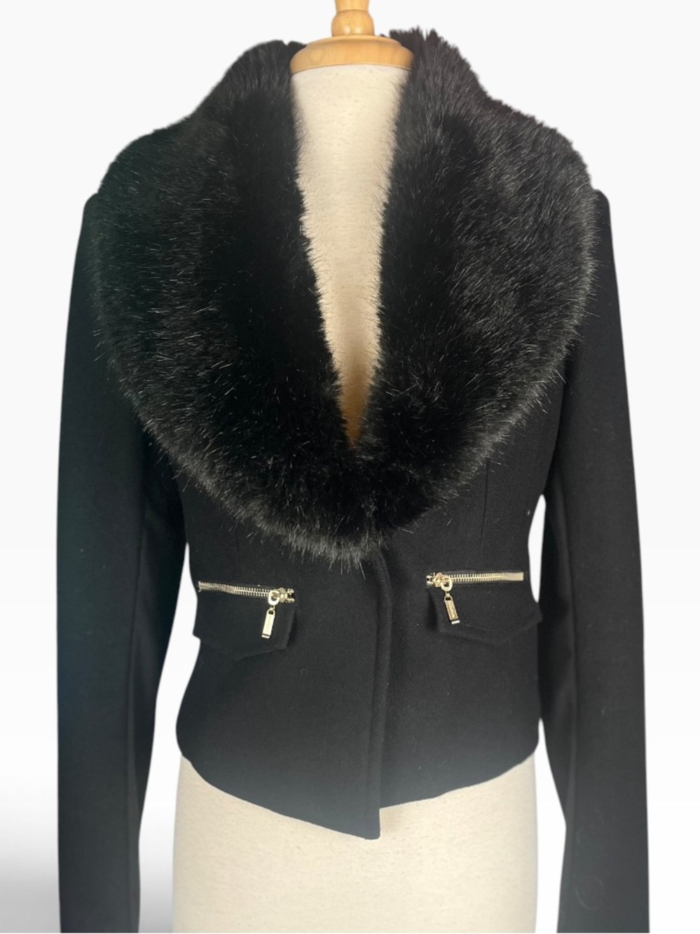 Vintage Y2K bebe Black Wool Blend Cropped Jacket Faux Fur Collar Size Large